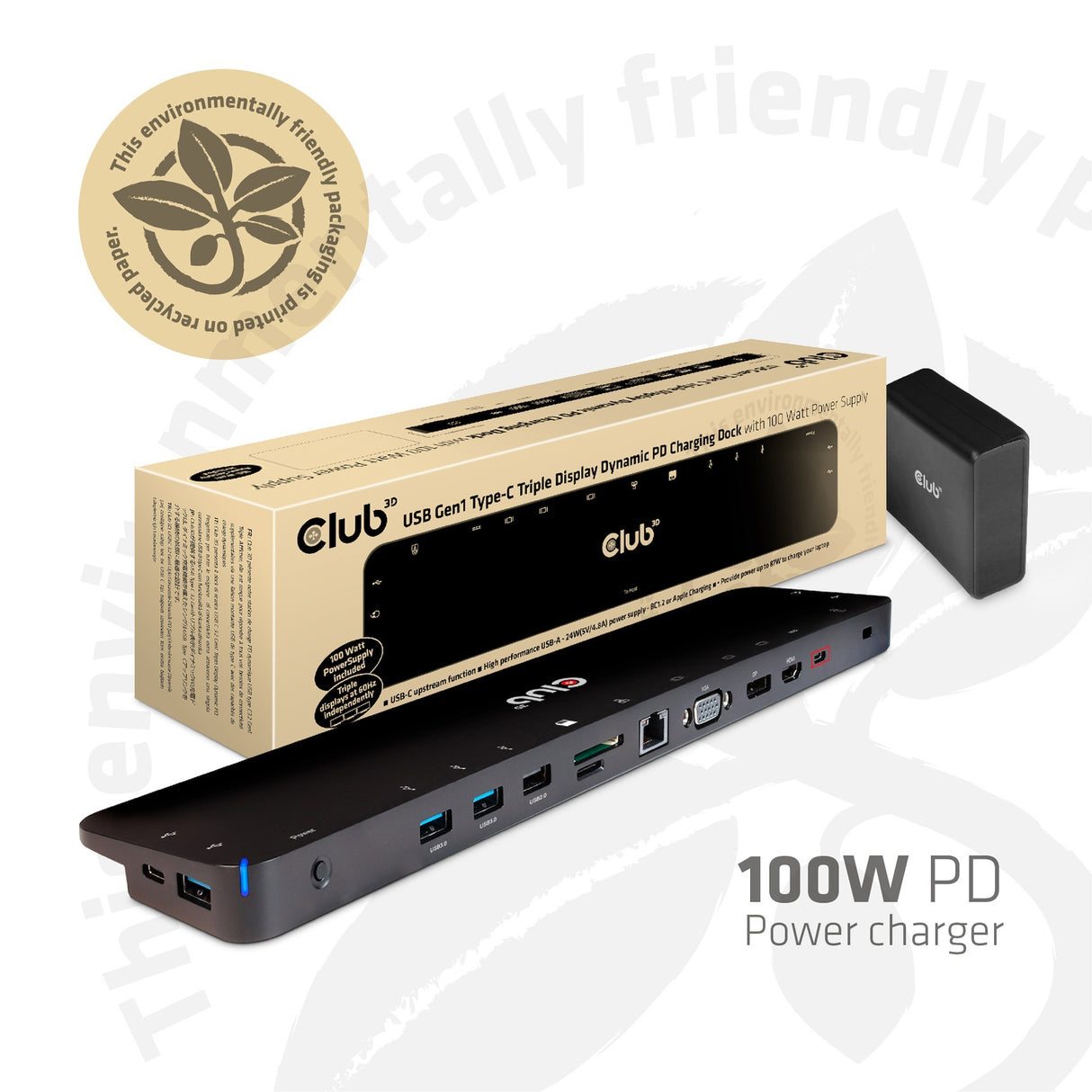 Club 3D USB-C 3.2 Gen1 Triple Display Dynamic PD Ladestation 100W Dockingstation (Schwarz)