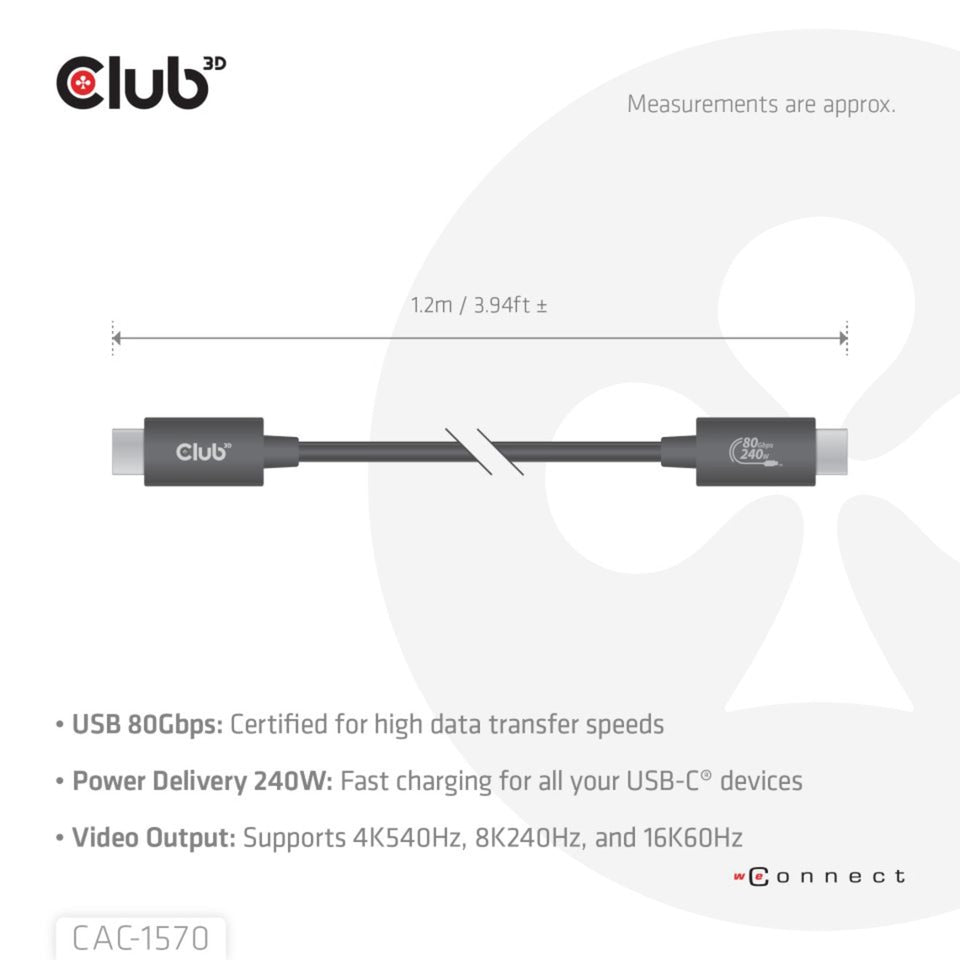 Club 3D USB-C 80 Gbit/s zertifiziert 240 W 8K 240 Hz