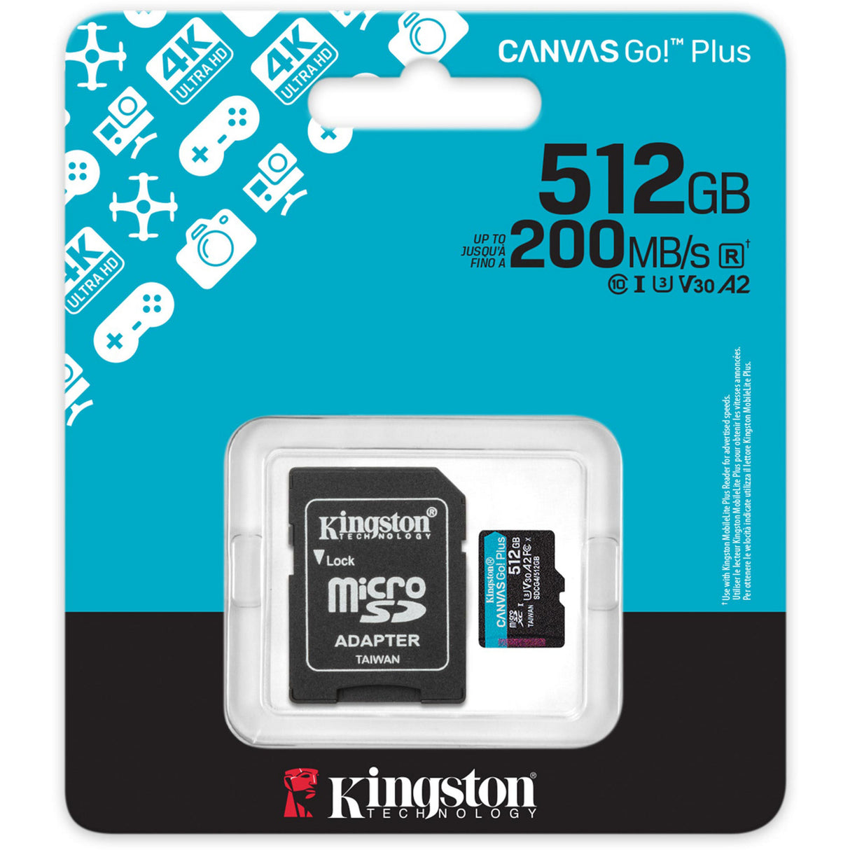 Kingston Leinwand los! plus microSDXC 512 GB Speicherkarte (schwarz, inkl. Adapter, Klasse 10, UHS-I U3, V30, A2)