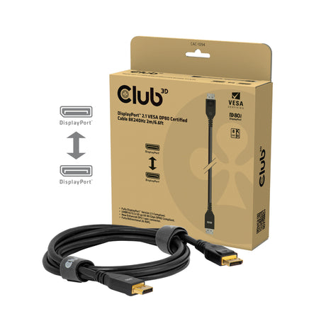 Club 3D-zertifiziertes Displayport 2.1 Vesa DP80-Kabel (schwarz, 2 Meter, 8k 240 Hz, 10k 60 Hz, 80 Gbit/s)