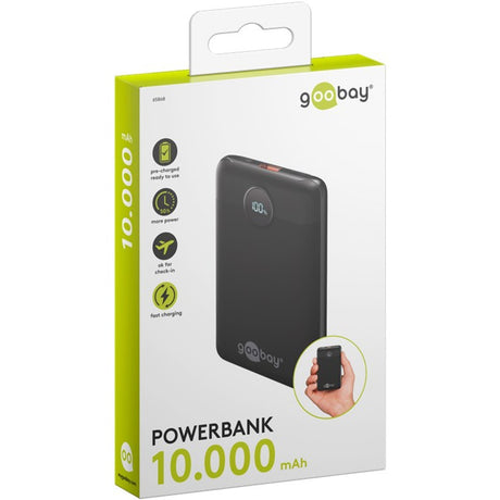 Goobay Powerbank kompakt 10.000 mAh (Schwarz, 10 Ah, 1x USB-A, 1x USB-C, Power Delivery, Schnellladung)