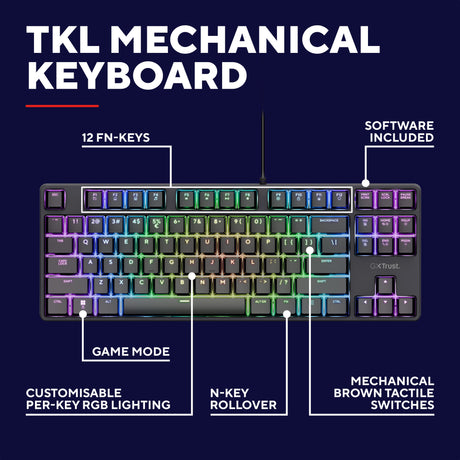 Trust gxt 864 cada compact mechanisch tkl-gamingtoetsenbord (zwart, us lay-out (qwerty), huano brown, rgb)