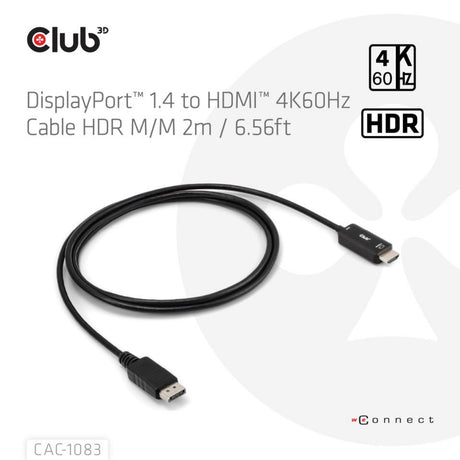 Club 3D DisplayPort 1.4 auf HDMI 4K60Hz Kabeladapter (Schwarz, HDR M M 2m)
