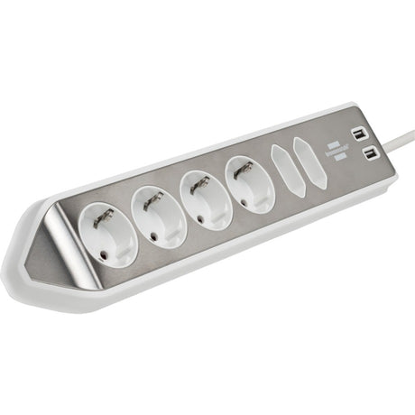 Brennerstuhl ®estilo Eck-Anschlussdosenleiste mit USB-Ladefunktion 6-fach 4x Schutzkontaktsteckdosen 2x Eurosilber weiß