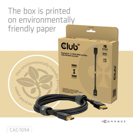 Club 3D-zertifiziertes Displayport 2.1 Vesa DP80-Kabel (schwarz, 2 Meter, 8k 240 Hz, 10k 60 Hz, 80 Gbit/s)
