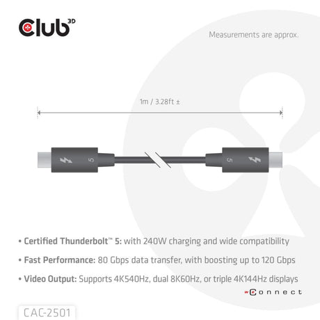 Club 3D Thunderbolt 5 zertifiziertes 8K240Hz-Kabel (schwarz, Daten 80 120 Gbit/s, EPR 240 Watt, 1 Meter)