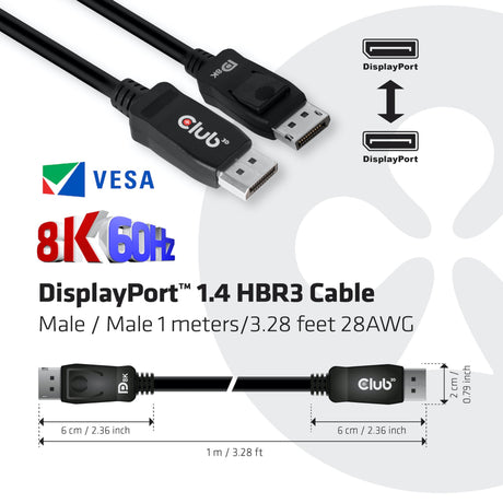 Club 3D DisplayPort 1.4 Vesa-zertifiziertes Kabel männlich-männlich (schwarz, 1 Meter, 8K 60 Hz oder 2x 4K 60 Hz, 32,4 Gbit/s)