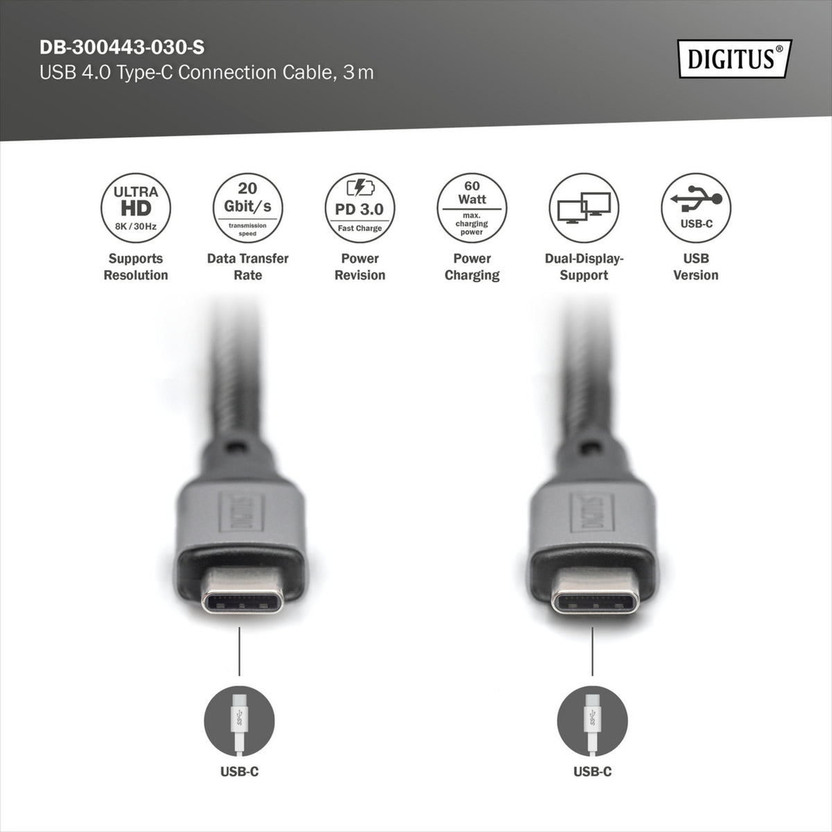 Digitus USB-C 4 gen2 USB-C Verbindungskabel (schwarz grau, 3 Meter)