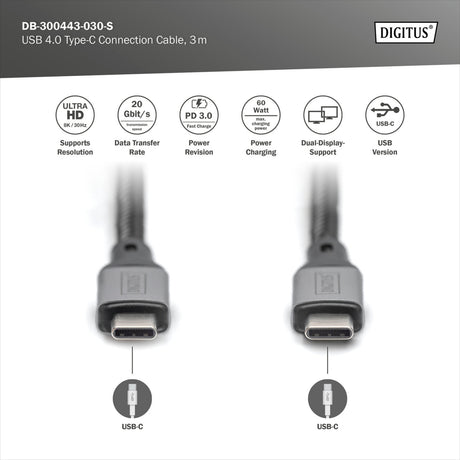 Digitus USB-C 4 gen2 USB-C Verbindungskabel (schwarz grau, 3 Meter)