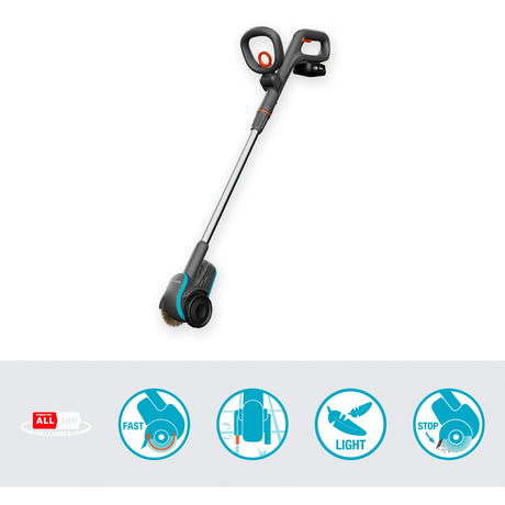 Gardena EasyWeed Akku-Unkrautbürste 1800 18V P4A gebrauchsfertiges Unkrautentferner-Set (Grau-Türkis, Akku und Ladegerät inklusive, Power for All Alliance)