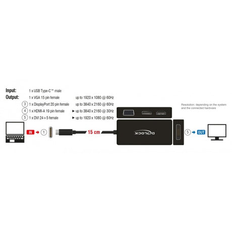 Delock USB-C > VGA HDMI DVI Display Port Adapter (schwarz, 0,15 Meter)