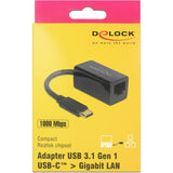 Delock Superspeed USB-C (USB 3.1 Gen 1) Stecker > Gigabit LAN 10 100 1000 Mbit/s Kompaktadapter (schwarz, 0,135 Meter)