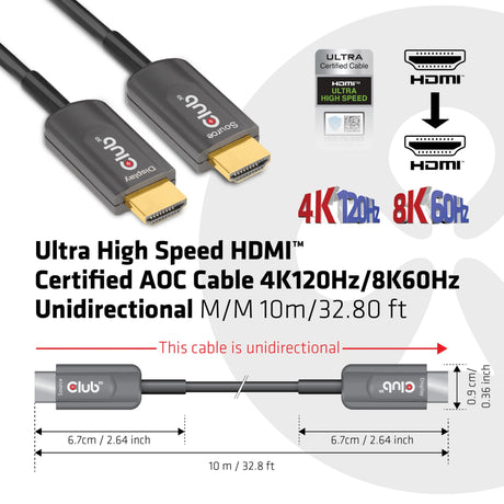 Club 3D Ultra High Speed AOC HDMI 2.1 zertifiziertes unidirektionales Kabel Stecker-Stecker (Schwarz, 10 Meter, 4K 120 Hz, 8K 60 Hz, 48 Gbit/s)