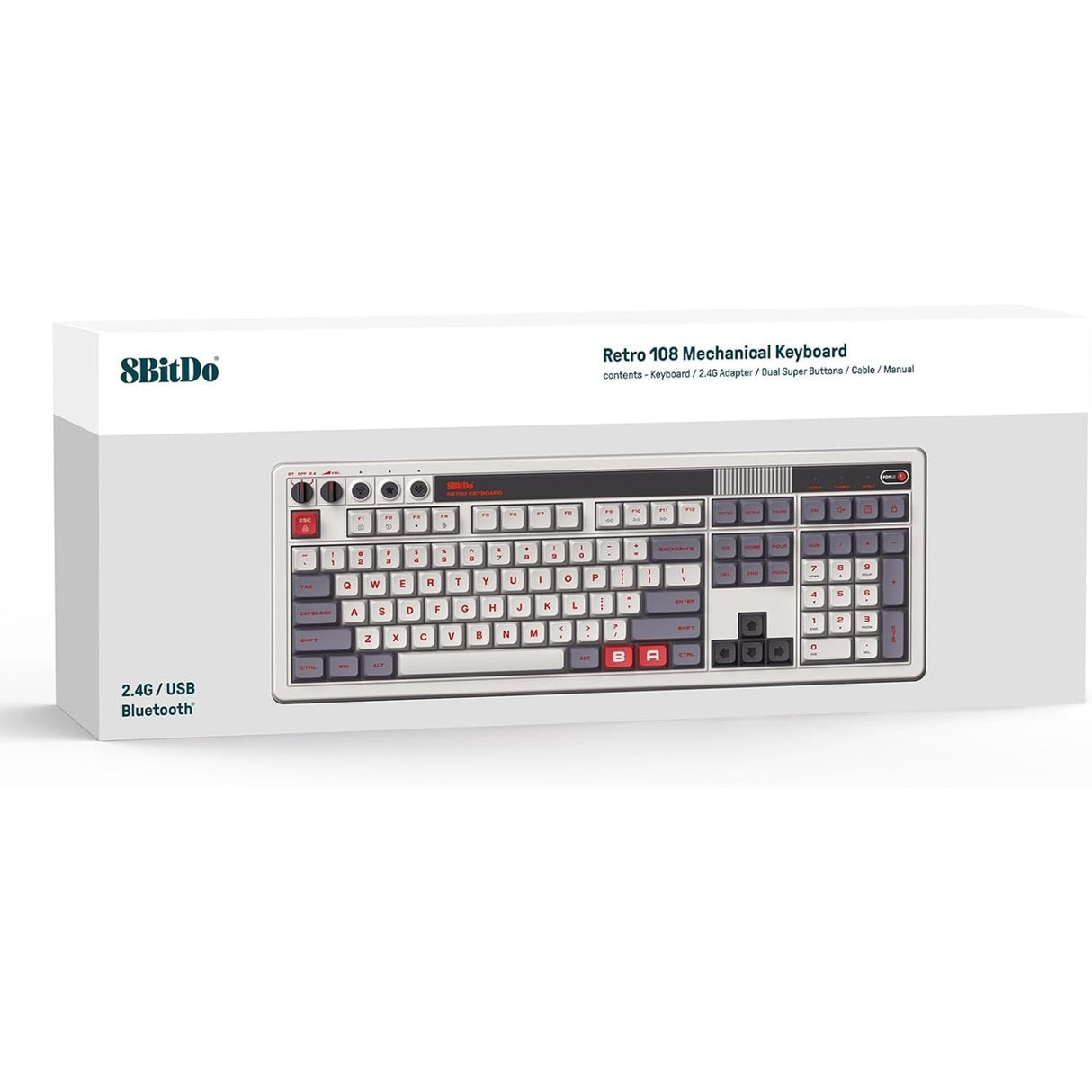 8bitdo Retro mechanische Tastatur N Edition (grau, US-Layout (QWERTY), Kailh Box weiß, 100 %, Bluetooth Low Energy, Wireless 2,4 g, USB)