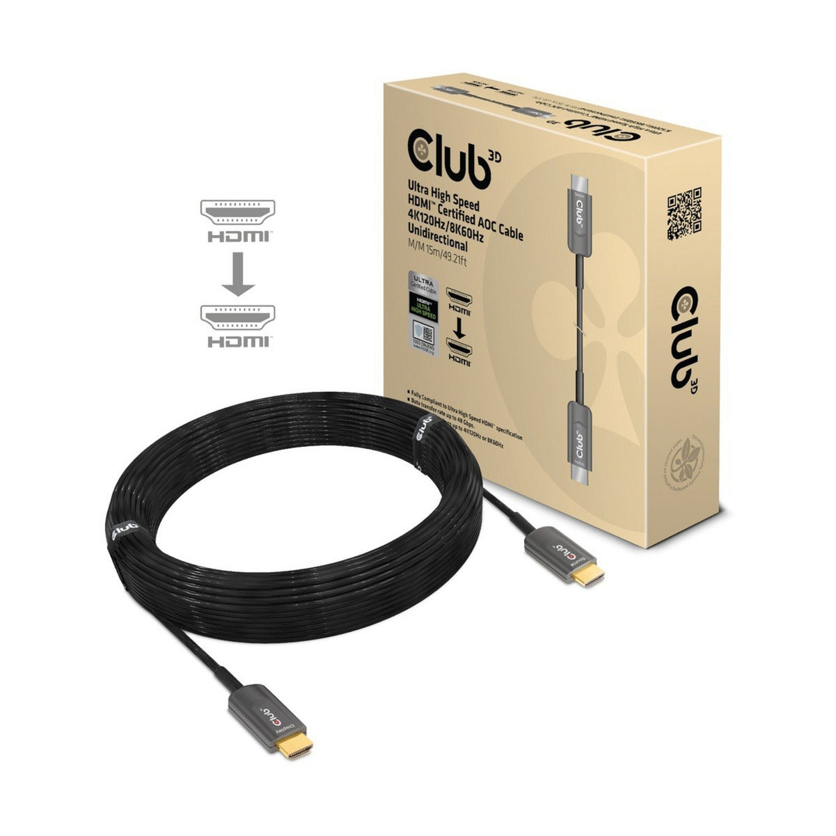 Club 3d ultra high speed aoc hdmi 2.1 gecertificeerde unidirectioneel kabel male-male (zwart, 15 meter, 4k 120hz, 8k 60hz, 48 gbps)