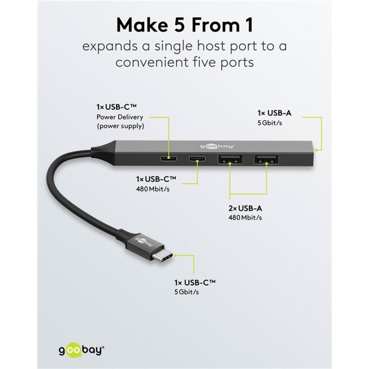 Goobay schlanker USB-Hub mit 5 Ports, USB-C auf USB-C USB-A, 5 Gbit s (hellgrau)