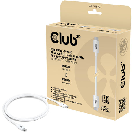 Club 3D USB-C 80 Gbit/s zertifiziertes 240 W 8K 240 Hz Kabel (weiß, 1,2 m)