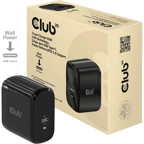 Club 3D Reiseladegerät PPS 65W Gan-Technologie (schwarz, USB-C, Power Delivery (PD) 3.0)