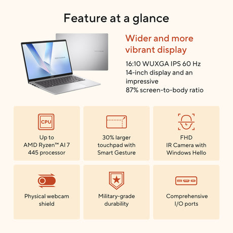 Asus vivobook 14 m1407ga-ly012w 14 Copilot+ Laptop (Silber | Ryzen AI 7 445 | Radeon 840m | 16 GB | 512 GD SSD)