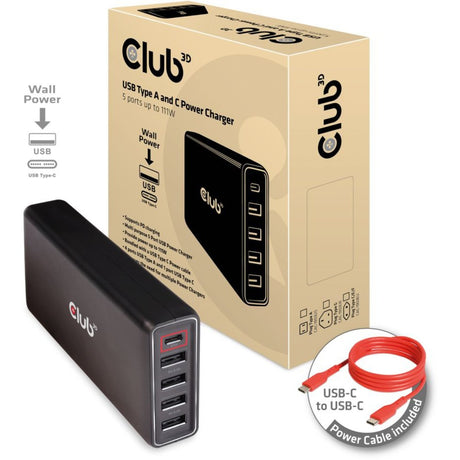 Club 3D USB-Ladegerät Typ A und C, 5 Anschlüsse bis zu 111 W (Schwarz)
