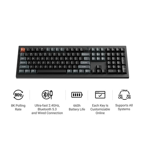 Keychron v6 Ultra 8K kabellose, benutzerdefinierte mechanische Tastatur (schwarz, US-Layout (QWERTY), Seidenbommelbanane, 100 %, RGB, Hot-Swap, 2,4 GHz | Bluetooth 5.3 | USB-C)