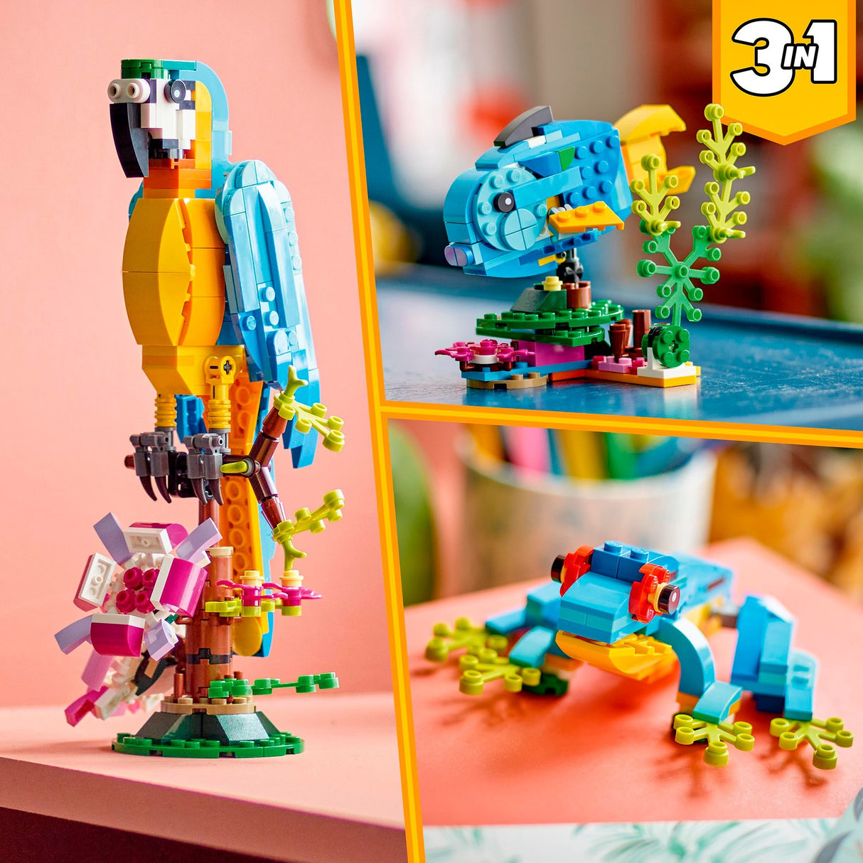 Lego Creator 3in1 exotisches Papageien-Frosch-Fisch-Tierspielzeugset für Kinder – 31136