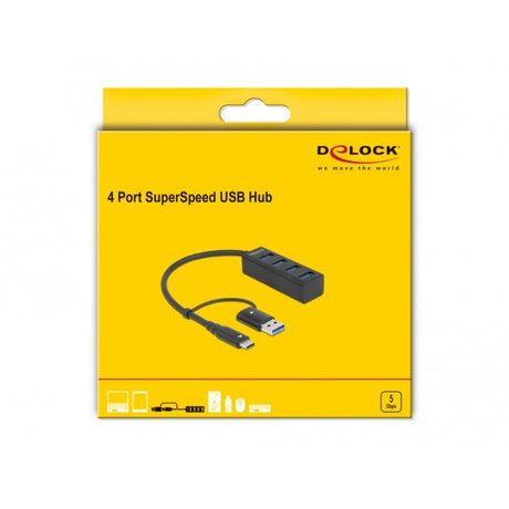 Delock 4-Port USB 3.2 Gen 1 Hub mit USB Typ-C oder USB Typ-A Anschluss USB Hub (schwarz)