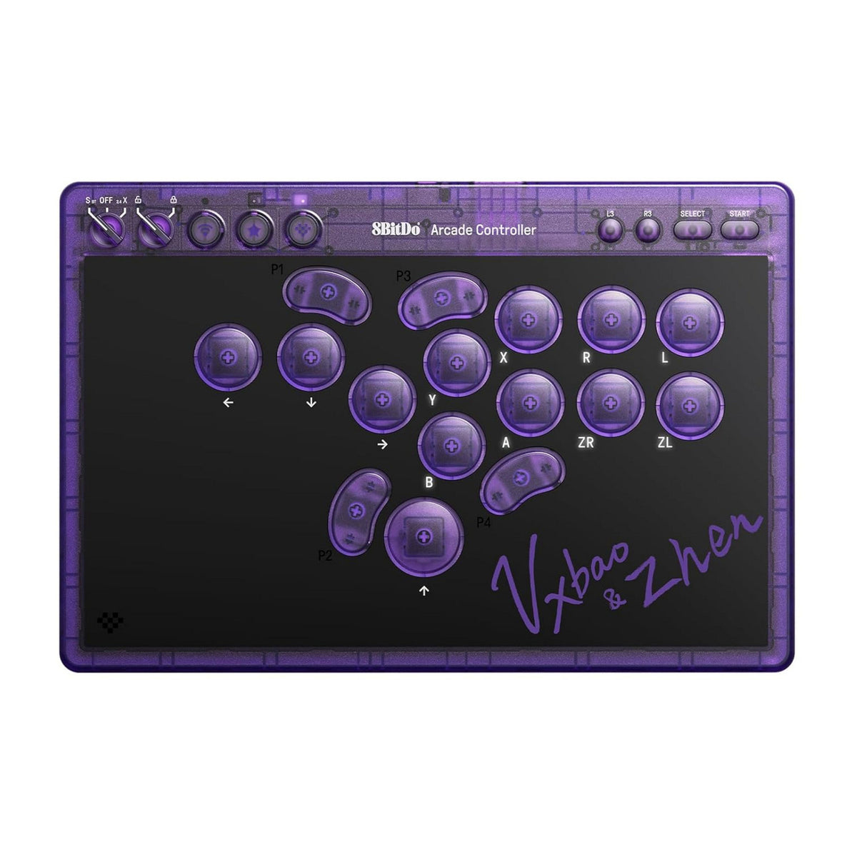 8bitdo Arcade-Controller – Transparent Purple Signature Edition (Lila Transparent, 2,4 GHz Bluetooth USB, Nintendo Switch 1 + 2, PC)