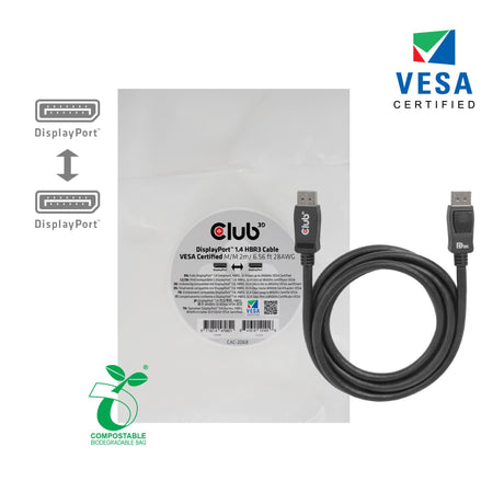 Club 3D Displayport 1.4 Vesa-zertifiziertes Kabel männlich-männlich (schwarz, 2 Meter, 8k 60 Hz, 32,4 Gbit/s)