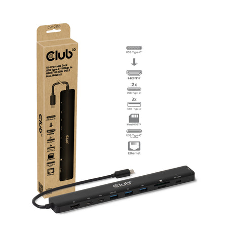 Club 3D 10-1 tragbare Dockingstation, USB Typ C, 10 Gbit/s auf HDMI, 8 K, 30 Hz, PD3.1, max. 140 Watt, Dockingstation (schwarz, HDMI, USB-C, LAN)