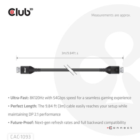 Club 3D DisplayPort 2.1 Vesa DP54 zertifiziertes Kabel männlich-männlich (schwarz, 3 Meter, 4K 240 Hz, 8K 120 Hz, 54 Gbit/s)