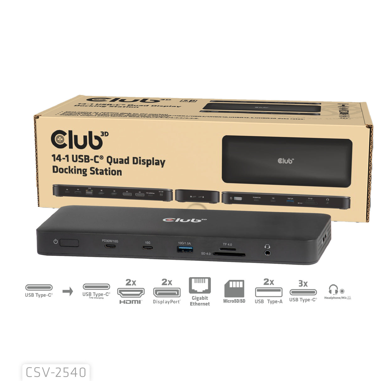 Club 3D 14-1 USB-C Quad-Display-Dockingstation (Schwarz)