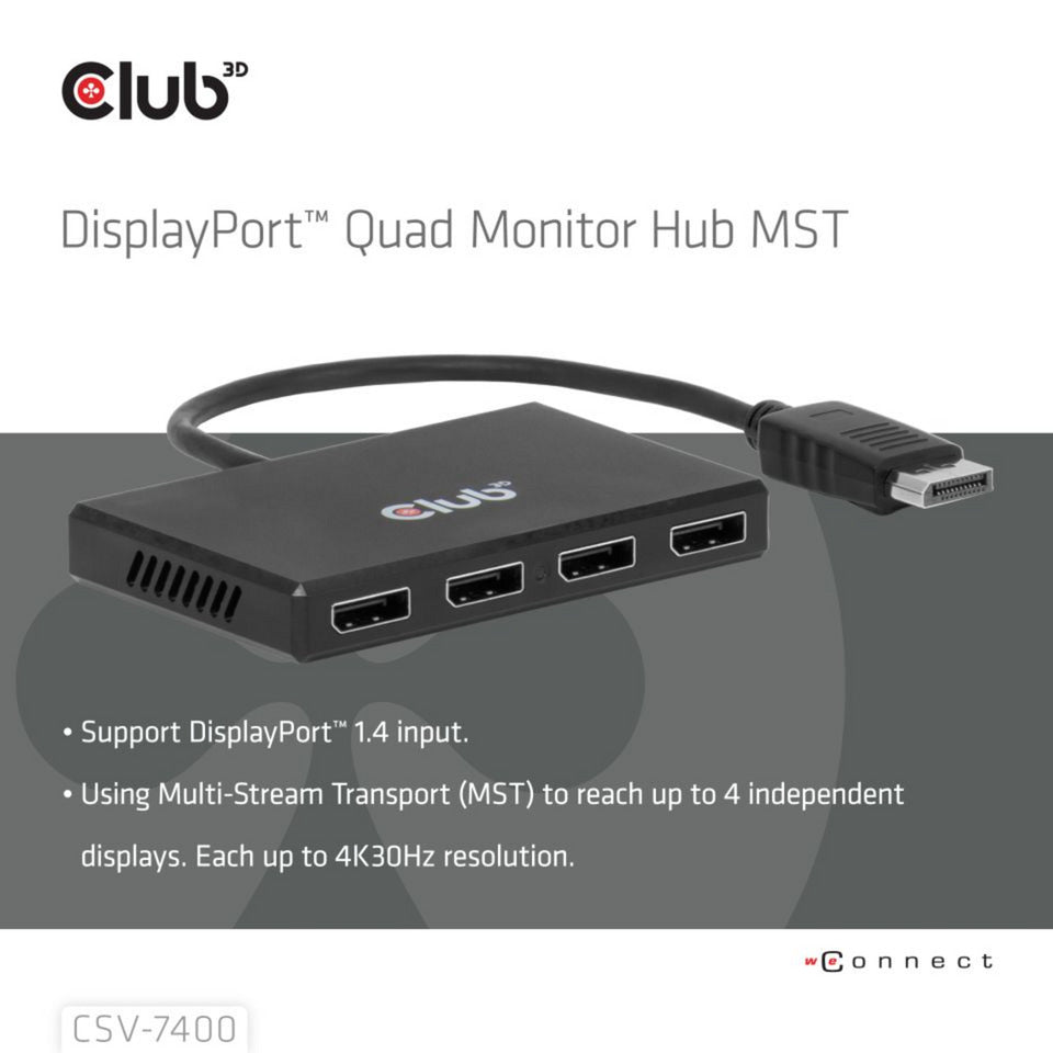 Club 3d displayport quad monitor hub mst 4x 4k30hz displayport splitter (zwart)