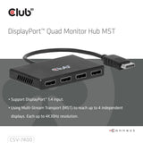 Club 3d displayport quad monitor hub mst 4x 4k30hz displayport splitter (zwart)