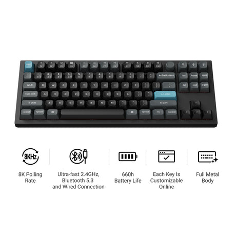 Keychron Q3 Ultra-M1 8K kabellose, benutzerdefinierte mechanische Tastatur (Schwarz, US-Layout (QWERTY), Seidenpom-Rot, 80 % (TKL), RGB, Hot-Swap, 8K, 2,4 GHz | Bluetooth 5.2 | USB-C)
