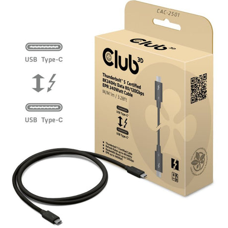 Club 3D Thunderbolt 5 zertifiziertes 8K240Hz-Kabel (schwarz, Daten 80 120 Gbit/s, EPR 240 Watt, 1 Meter)