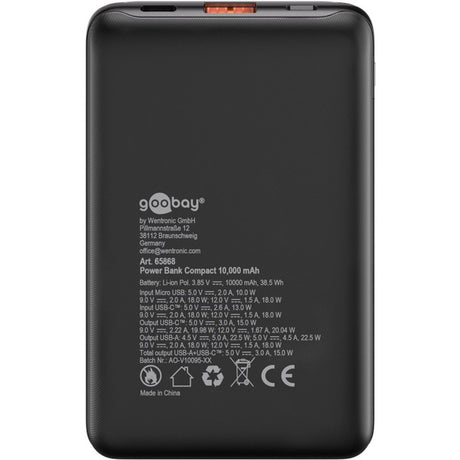 Goobay Powerbank kompakt 10.000 mAh (Schwarz, 10 Ah, 1x USB-A, 1x USB-C, Power Delivery, Schnellladung)