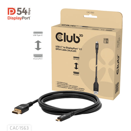 Club 3D USB-C auf DisplayPort 2.1 DP54 Bidirektionales Kabel, 8K120Hz 2m (Schwarz)