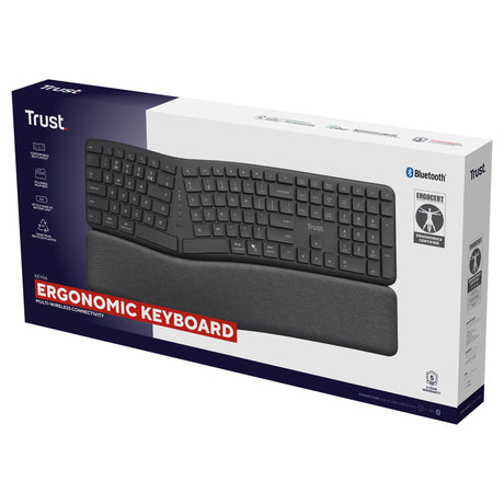 Trust keyra ergonomisch draadloos toetsenbord (zwart, us lay-out (qwerty), 100%, 2.4 ghz usb | bluetooth)