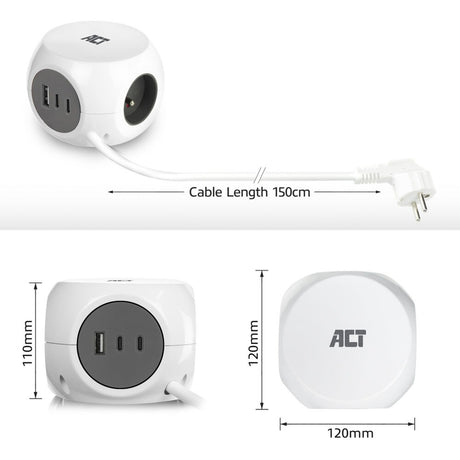 Act-Konnektivität: Act-Steckdosenleiste mit 3 Steckdosen, 30 W Stromversorgung, USB-C-A-Anschlüssen, Kabellänge 1,5 m, AC2425