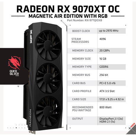 Xfx radeon rx 9070 xt oc mercury rgb magnetic air grafische kaart (zwart, rdna4, gddr6, 3x displayport, 1x hdmi 2.1)