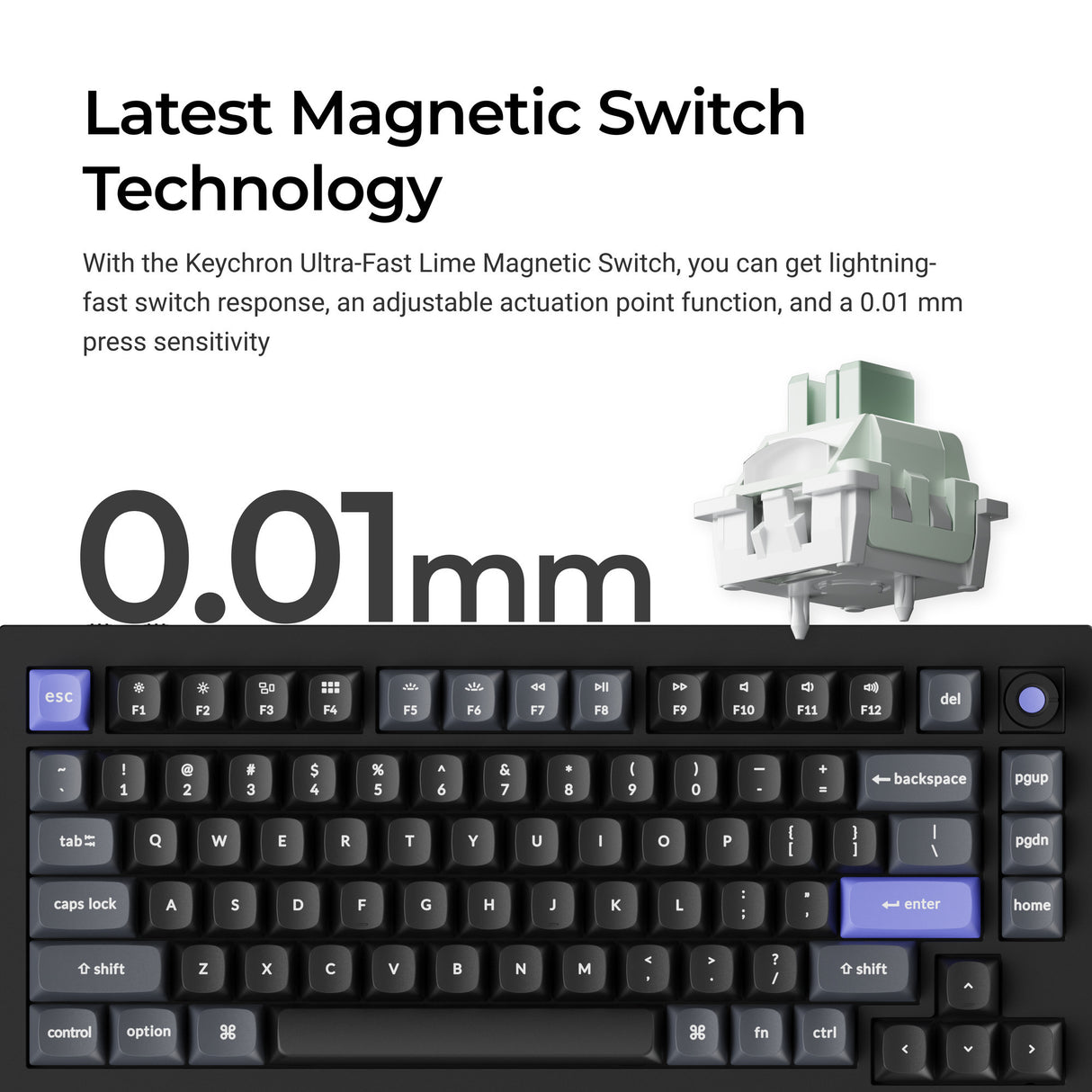 Keychron q1 he 8k magnetic switch keyboard (zwart, us lay-out (qwerty), ultra-fast lime, 75%, rgb, hot swap, 8k)