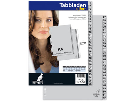 Tabs Kangaro PP G452cm A4 120 Mikron grau 2-Serie 1-52 23-Loch bedruckt