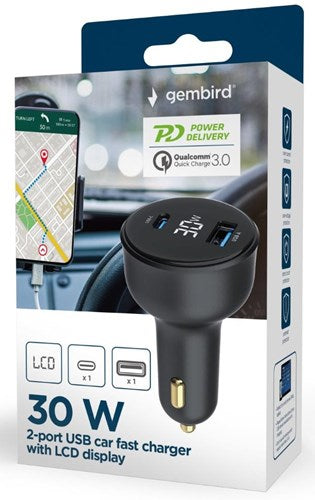 Enzo Gembird USB + USB-C Autoladegerät | 30w | schwarz | Status-LCD - 9540114