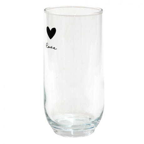 Transparentes Longdrinkglas von Clayre Eef mit schwarzem Herz und dem Wort „Love“, 6 x 14 cm, 280 ml