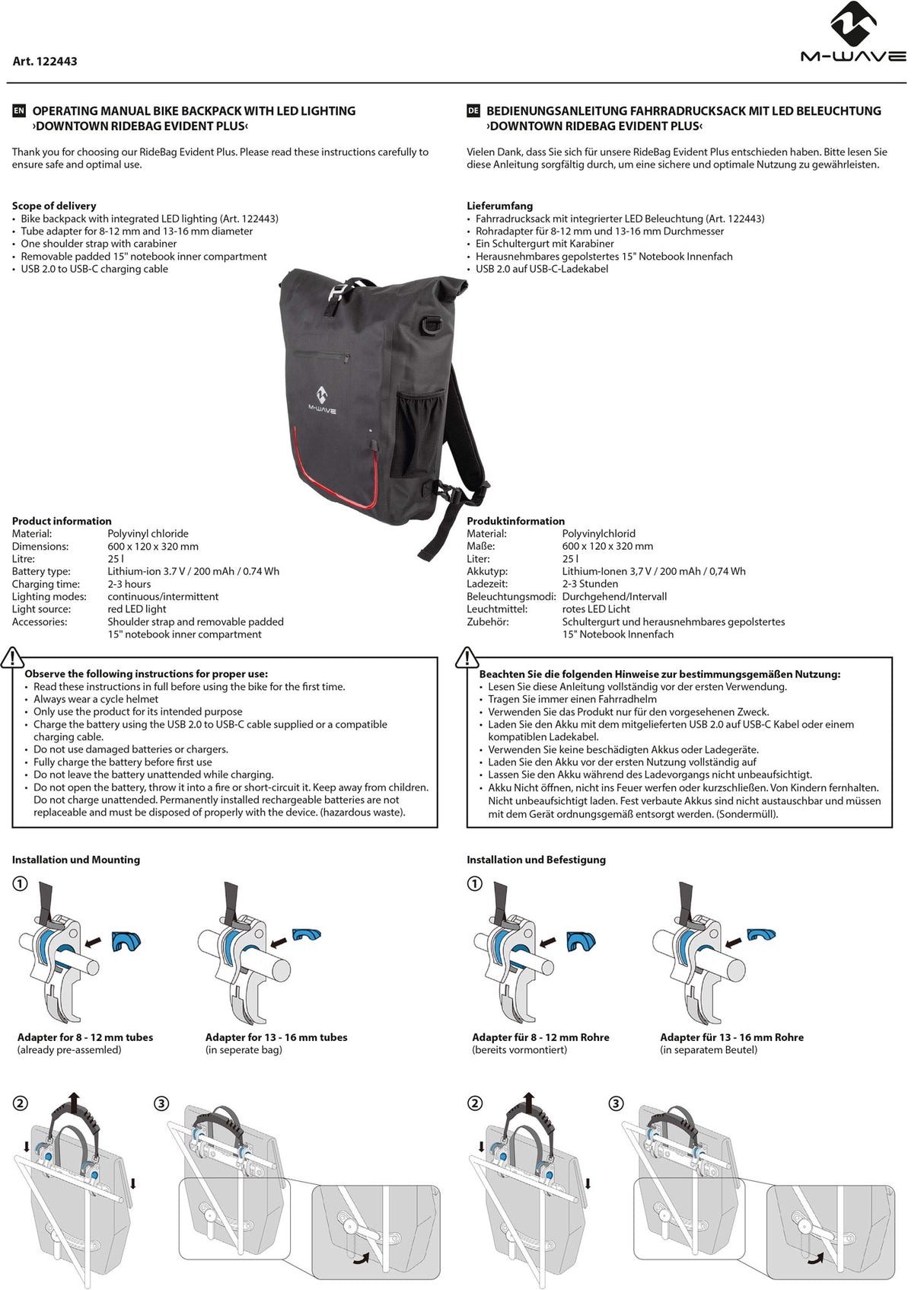 M-Wave Downtown Ridepack offensichtliche 2-in-1-Rucksacktasche