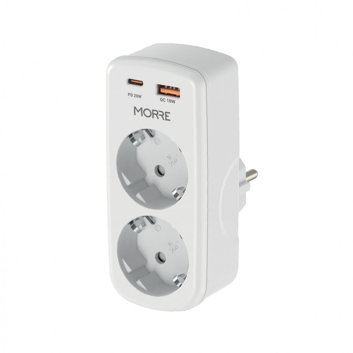 Morre-adapper aangedreven 4w1 2 contactdozen, usb-c 20w pd, usb-a 18w qc