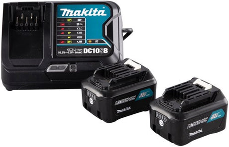 Makita-Zubehör-Stromquellen-Set: DC10SB-Ladegerät + 2 x BL1041B 12 V Max (10,8 V) Li-Ion-Schiebeakku – 4,0 Ah – 191L68-0