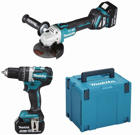 Makita dlx2272tj 18 V lxt 2-teiliges Set: Winkelschleifer DGA513 + Schlagbohrmaschine DHP484, 2 x 5,0-Ah-Batterien