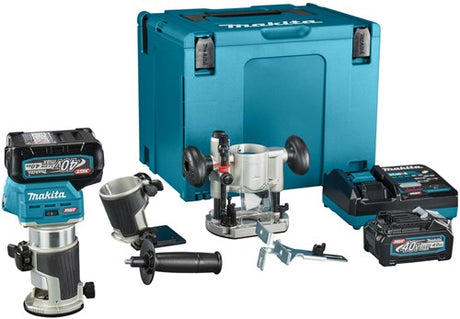 Makita rt001gm205 Ober- und Kantenfräser | 40 V max. | 2 x 4,0 Ah Akku + Schnellladegerät | inkl. verschiedene Füße | in der Mbox rt001gm205